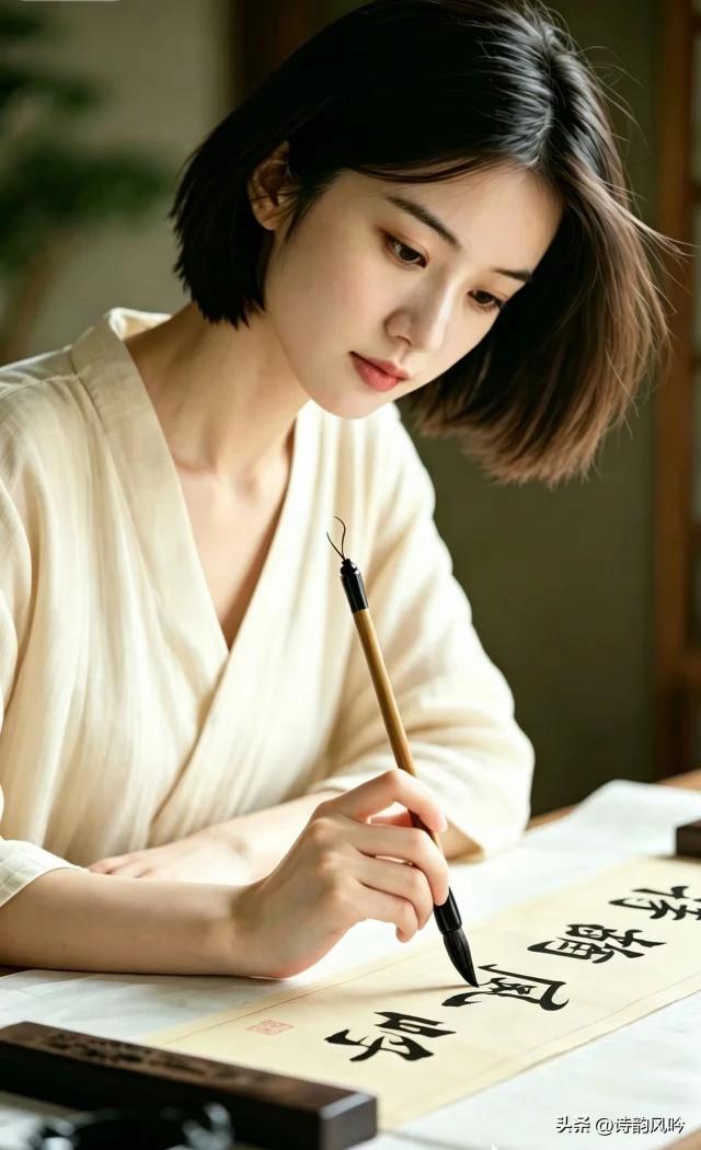 青丝轻挽守书台，
研墨铺笺雅趣来。
落笔从容藏风骨，
颠张醉素放光彩。