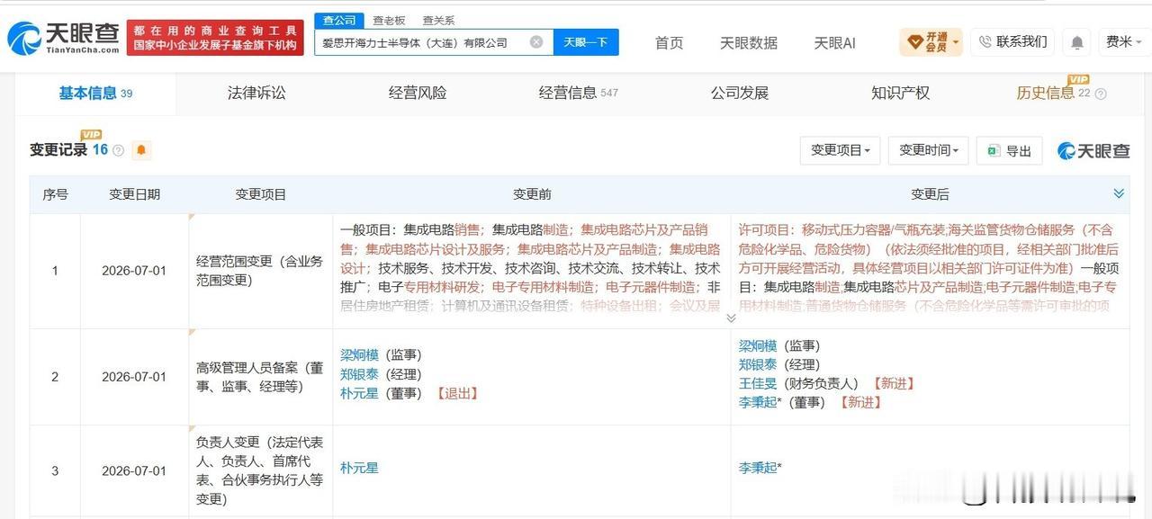 【海力士半导体大连公司法定代表人变更 海力士半导体大连公司发生高管变更】
天眼查