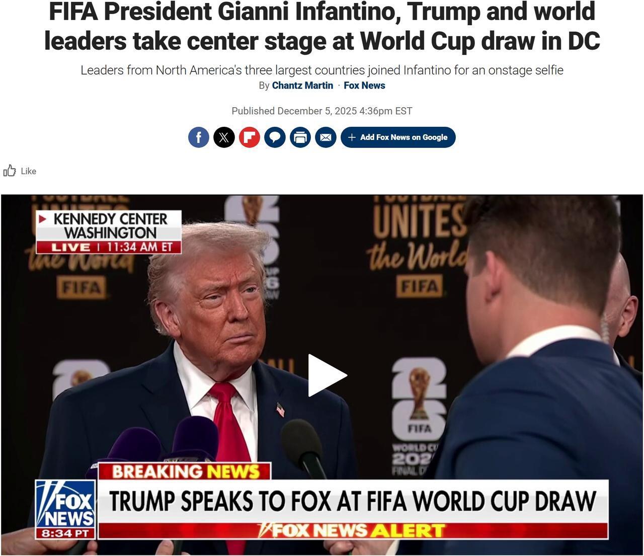 特朗普痛失诺贝尔和平奖，却获得首届国际足联和平奖

当地时间周五，世界杯抽签活动