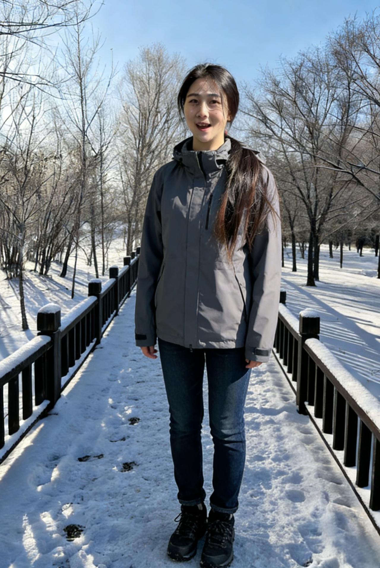 灰衣立雪野亭边，履破琼瑶步自前。
纵使寒风侵骨冷，眸中依旧蕴春烟。