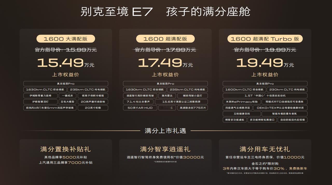 别克至境E7正式上市，共3款车型，置换权益价15.49万-19.49万元，定位大