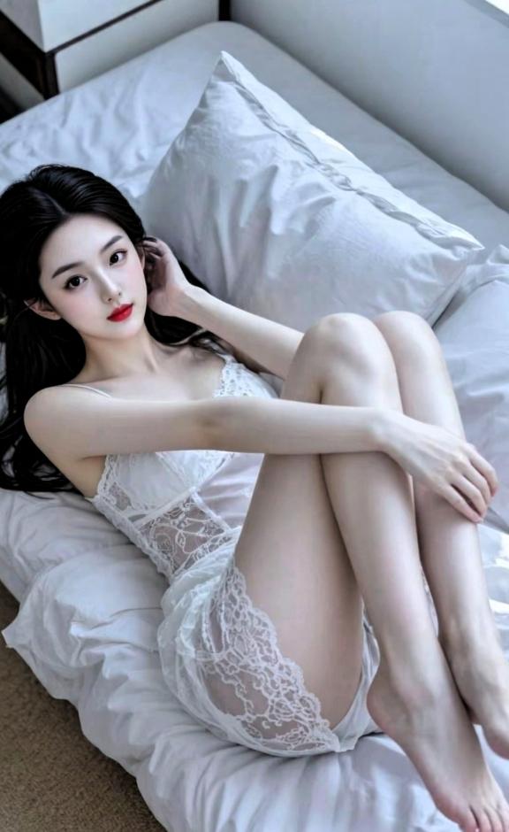 上联：白衣闲卧心静闲，一个浪漫的东方女神，穿着一袭白衫，心静悠闭，静静地抱腿，躺
