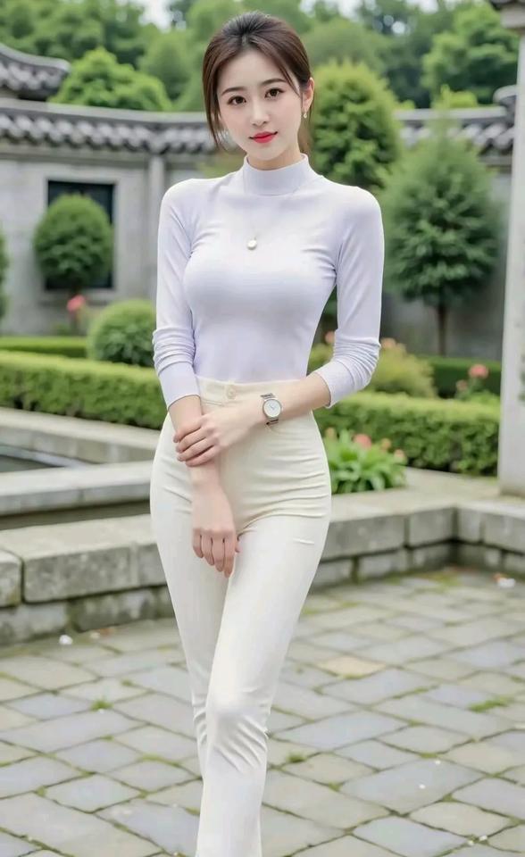 优雅气质少女，白色高领衫搭配修身裤，完美展现时尚与优雅。