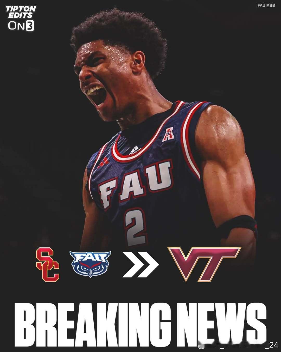 佛罗里达大西洋大学后卫以赛亚·埃洛希姆(Isaiah Elohim)转学加盟弗吉