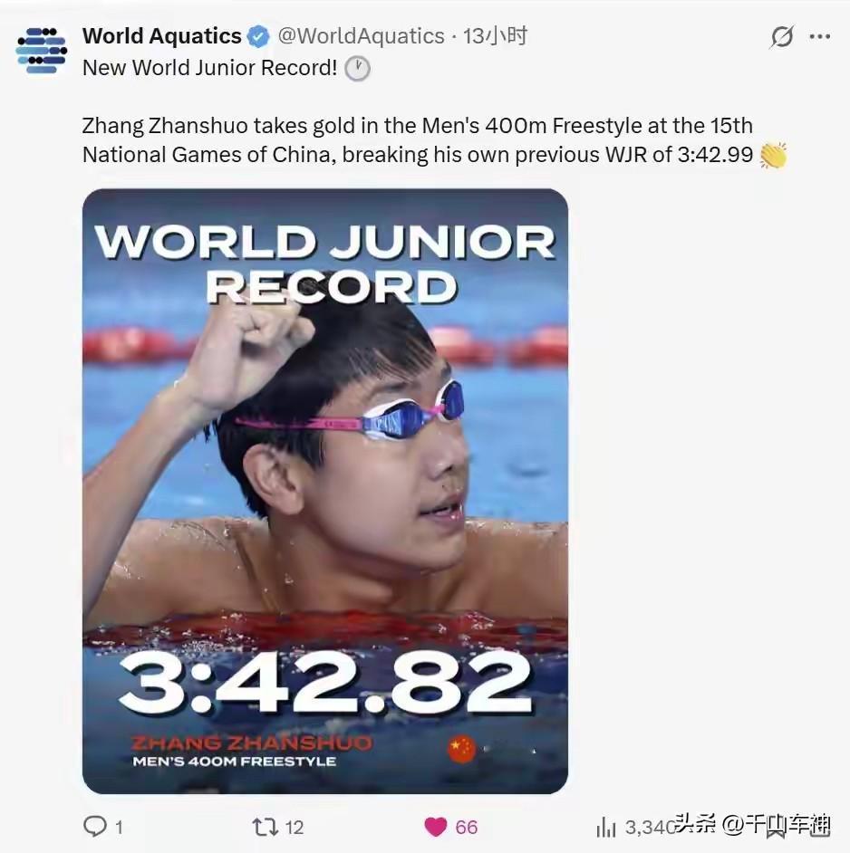 “13小时新的世界青年纪录诞生！”国际泳联祝贺中国山东泳将张展硕创造佳绩！

在