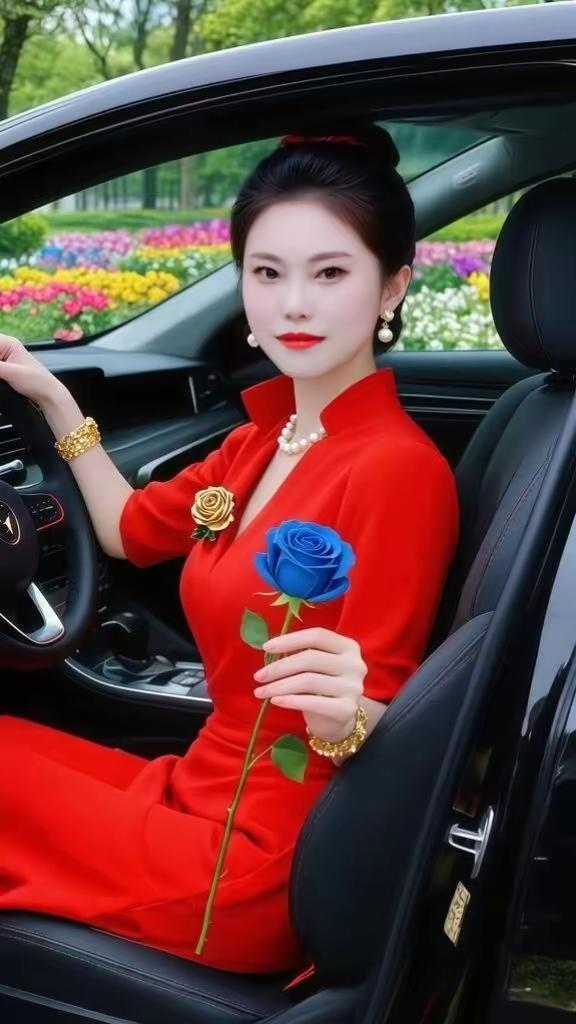 身穿旗袍贵，
只手拿玫瑰。
一坐豪华车，
单位去开会。
