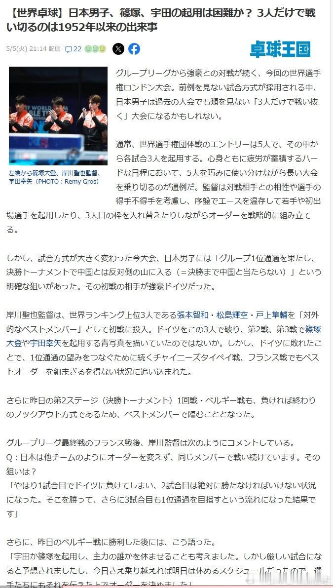 ITTF伦敦世乒赛2026张本智和 260506 《桌球王国》婉转质疑了日本队全