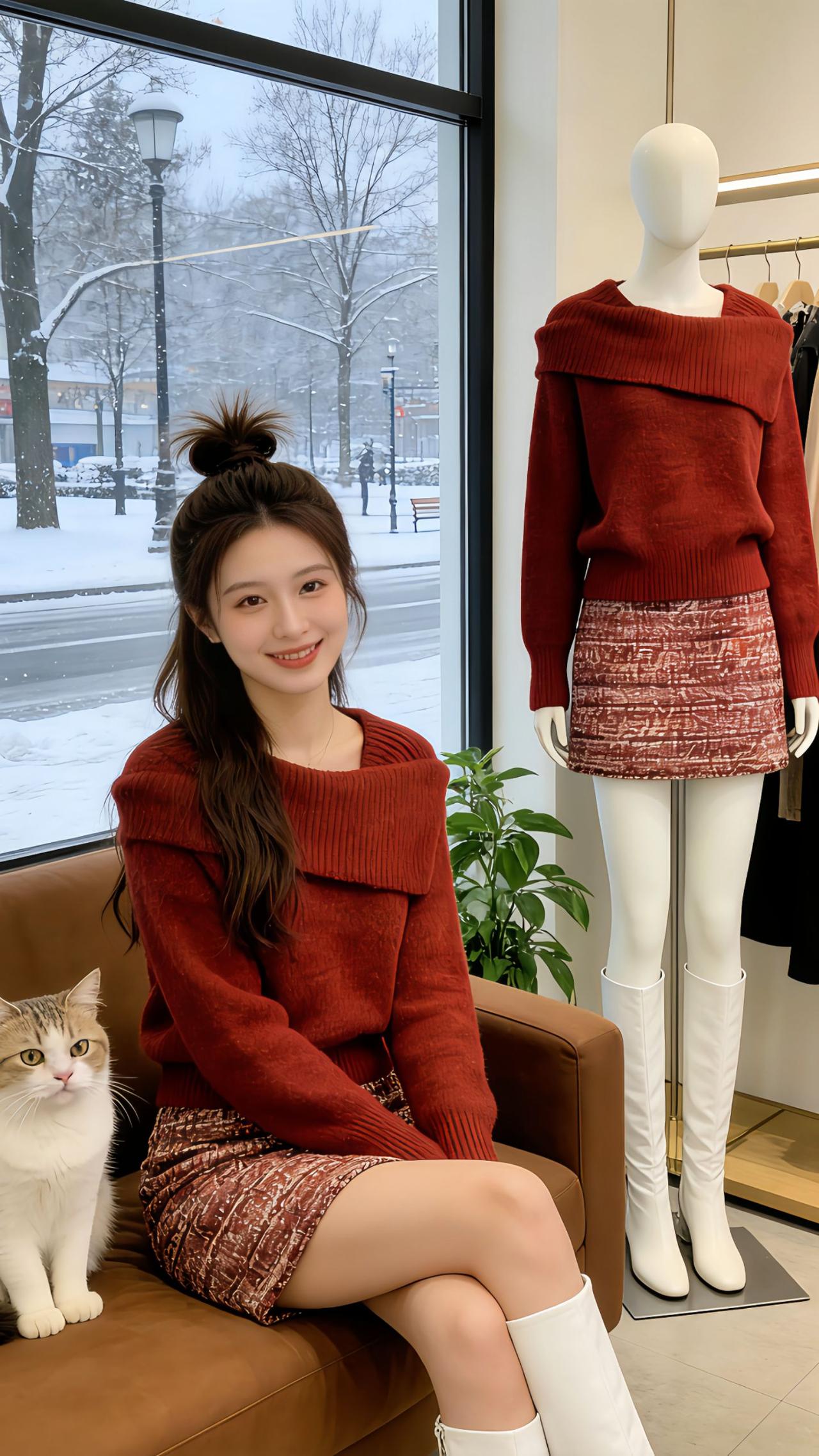 Danny窝在飘雪的窗边翻着书，手里的热咖啡冒着暖雾，一字肩针织毛衣的假两件设计