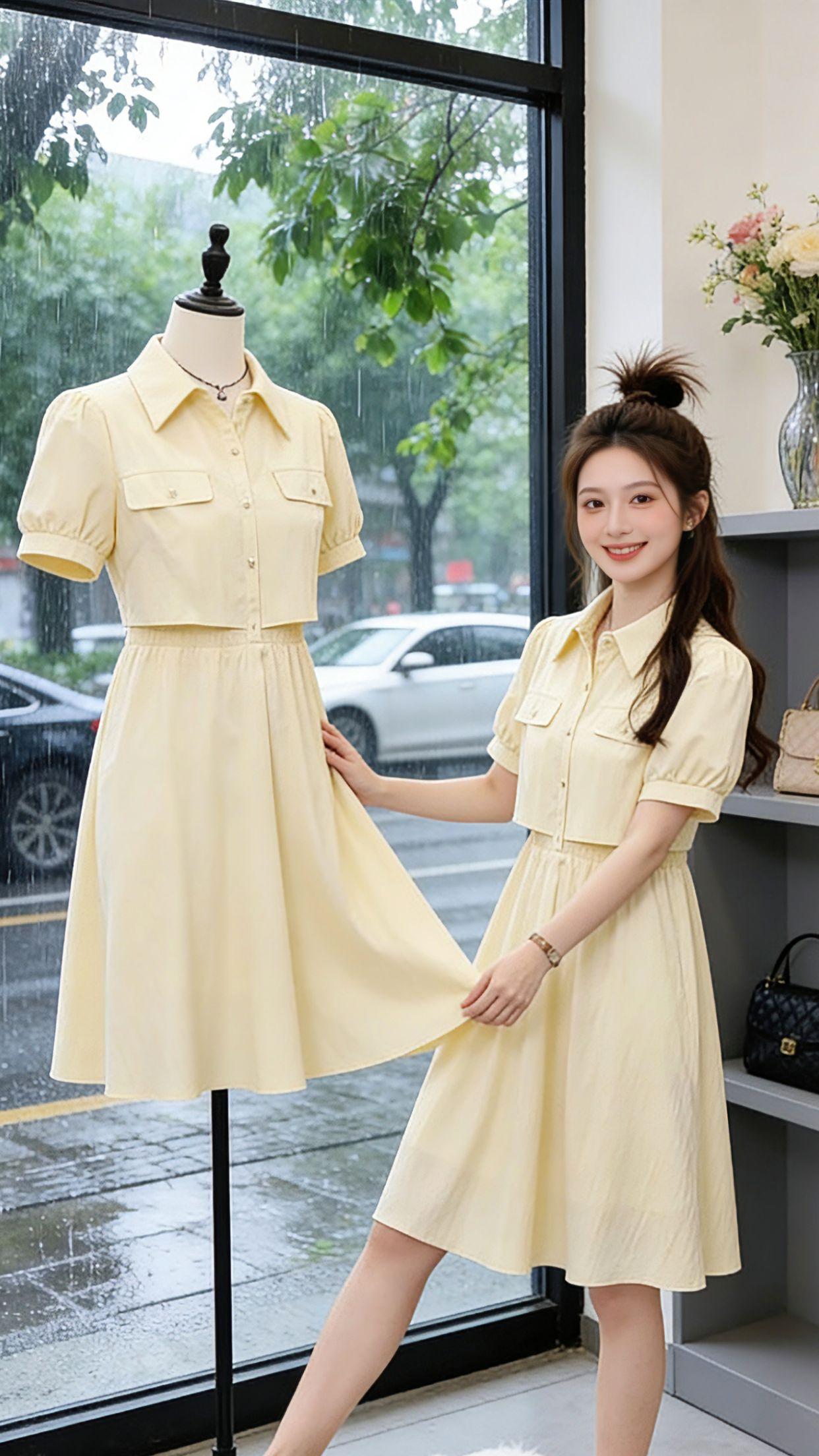 谁懂啊！2026夏季挖到宝了！这款韩系假两件连衣裙，奶嫩黄调超显气色，衬衫领设计