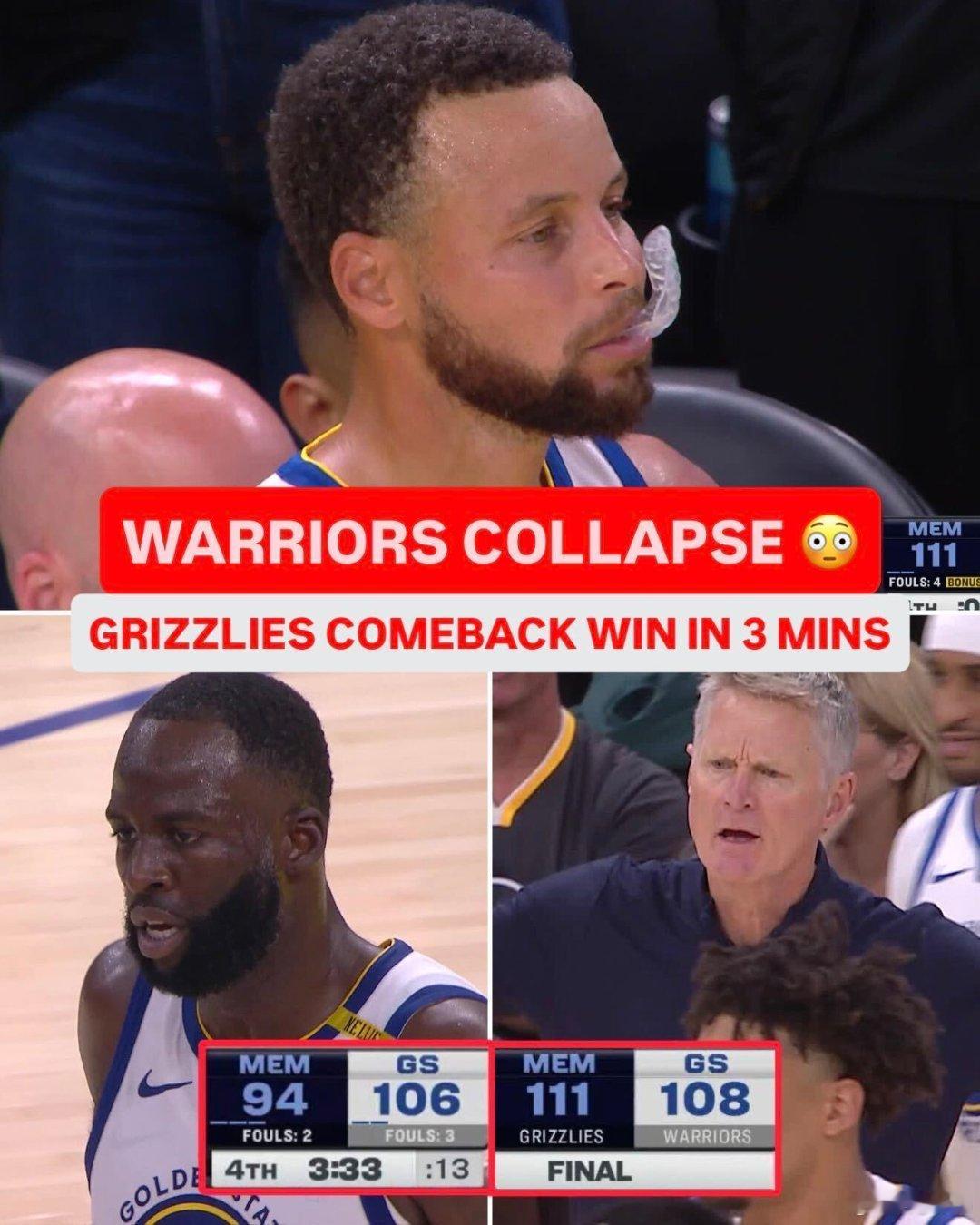最后三分半钟崩了，灰熊一波17-2掀翻勇士！NBA[超话] ​​​
