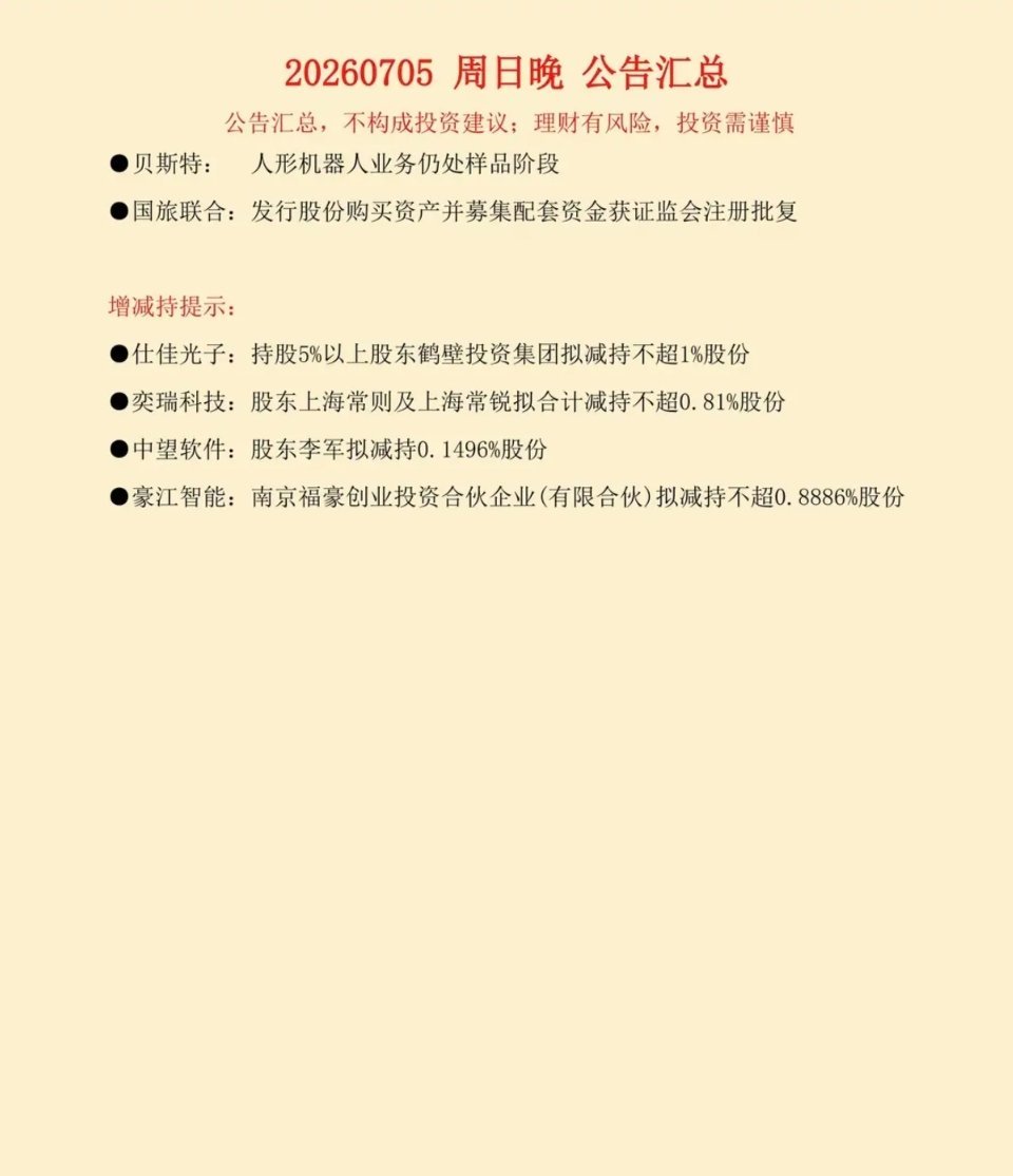 7.05周日  晚间财经+公司公告！26家公司发布公告！9家公司披露中报业绩预增
