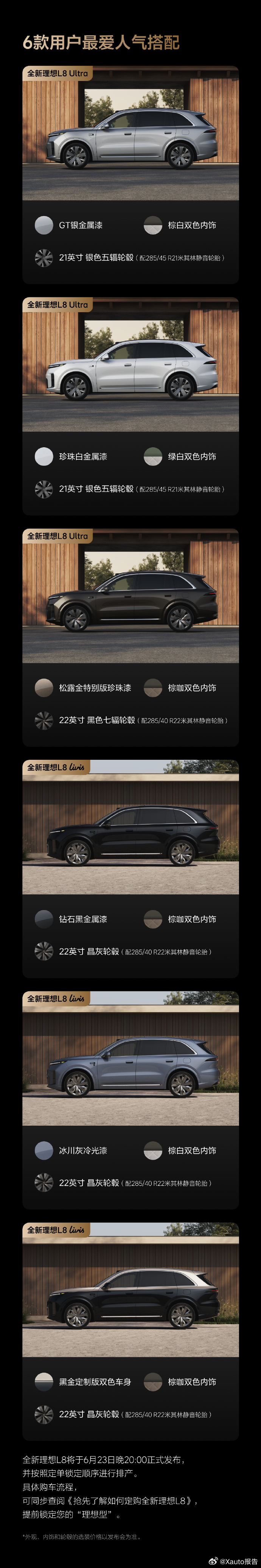 全新理想l8选配指南全新理想L8将于6月23日20:00发布，车辆会按下单顺序排
