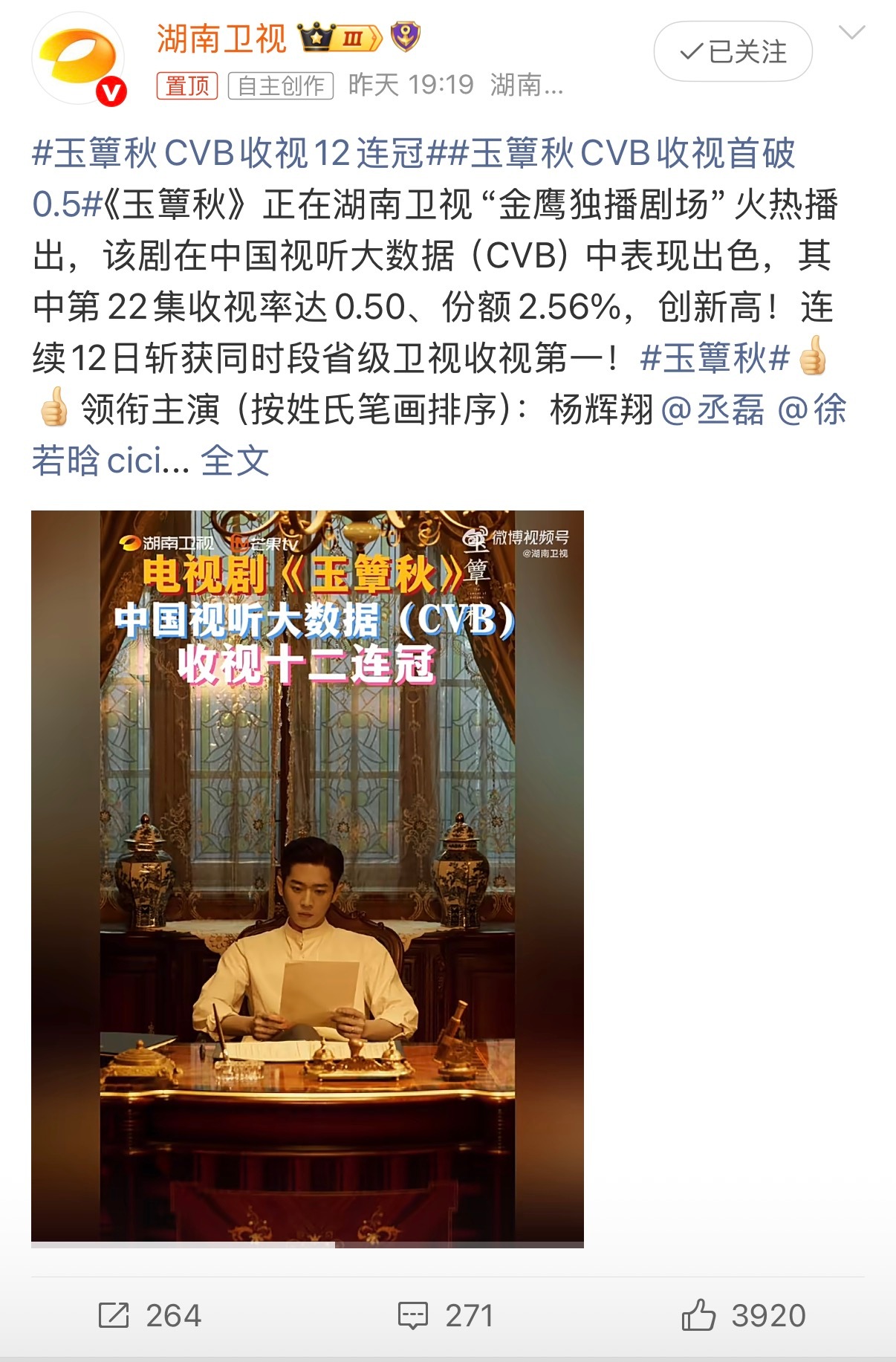 玉簟秋cvb收视12连冠热度持续续航，十二连冠达成！《玉簟秋》CVB收视首破0.