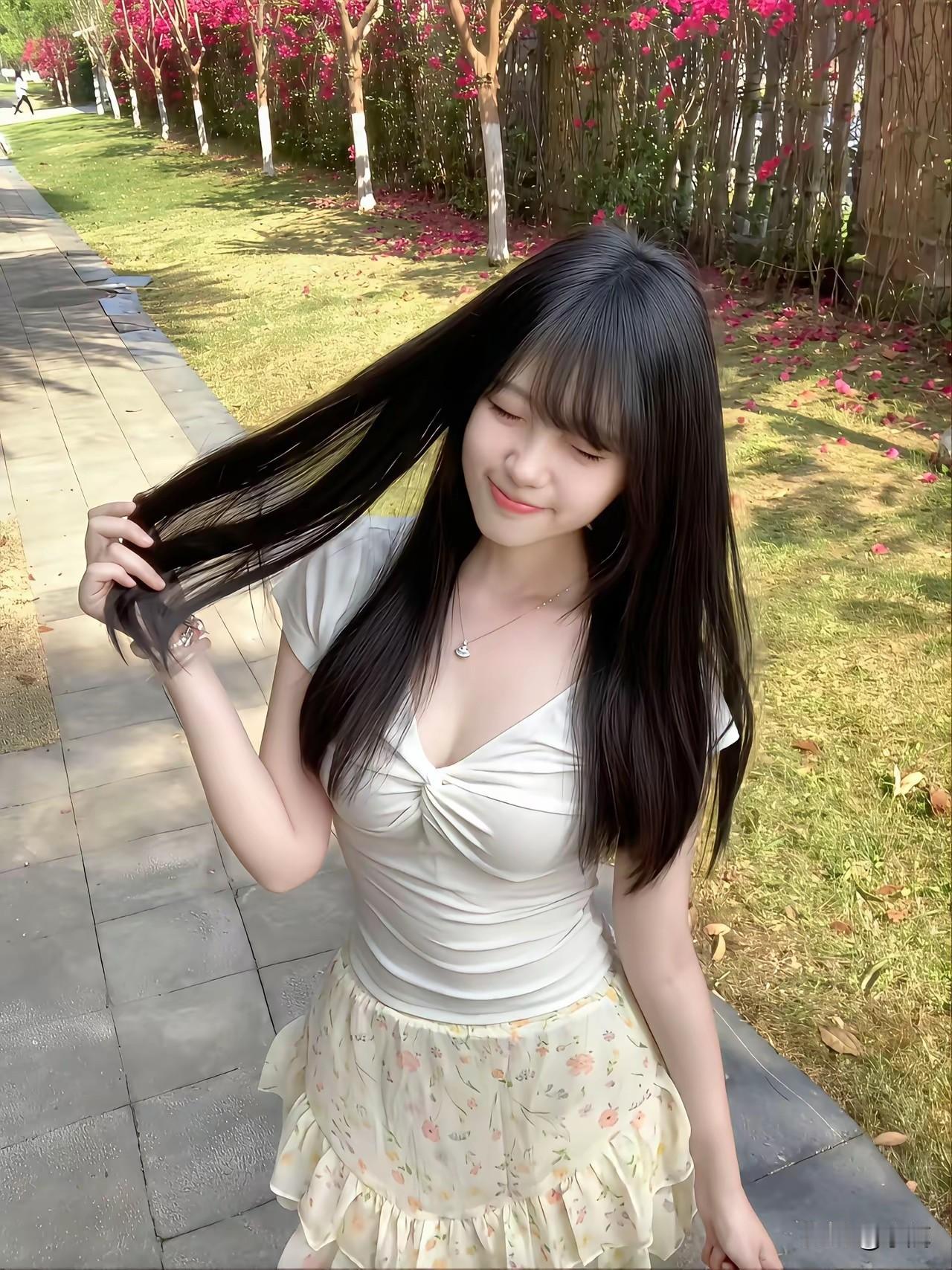 碎花裙、黑长直，满满的少女感。
没有刻意摆拍，清爽又治愈。
老实说，这种甜妹是不