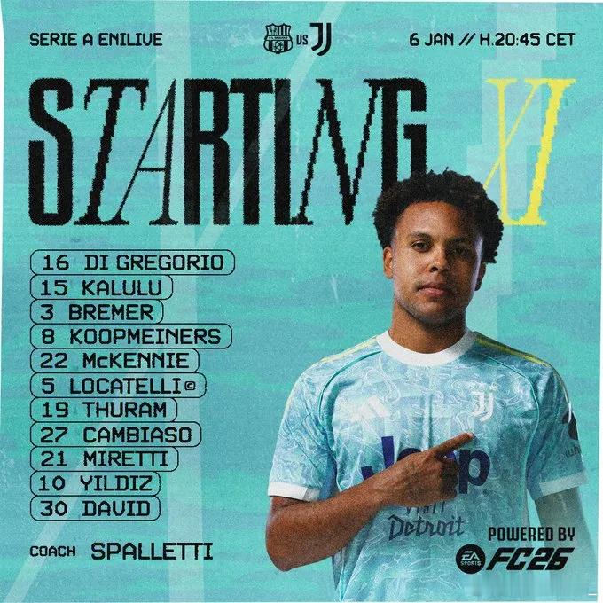 第19轮，，赛前官方公布本场首发阵容。尤文首发：16-迪格雷戈里奥、15-卡卢卢