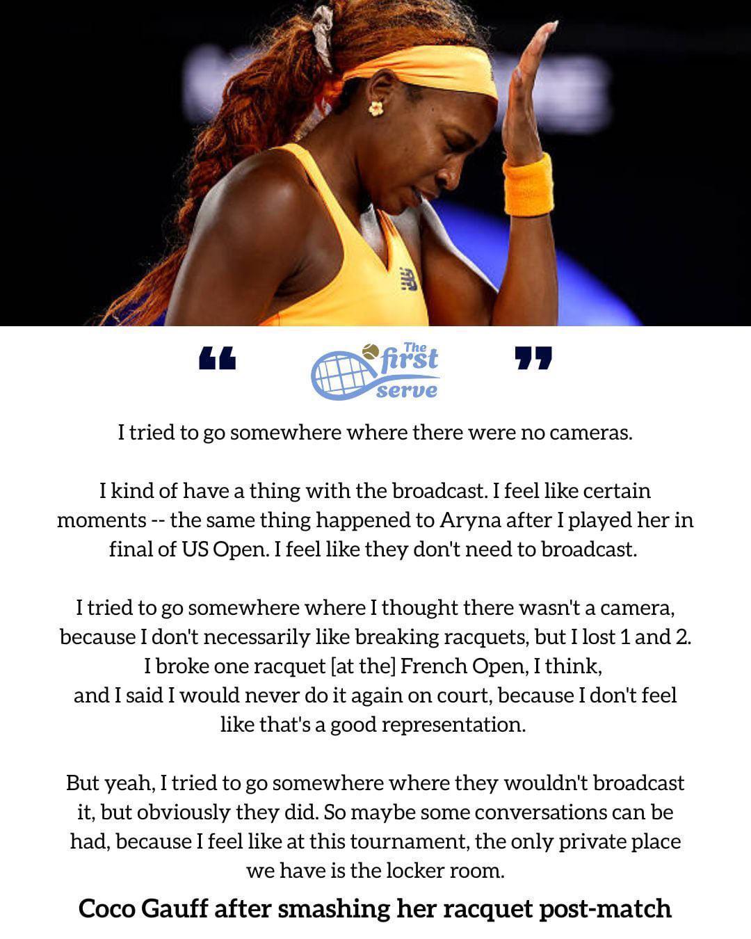 澳网2026网球talking大会高芙出局后摔拍“我试着去一个没有摄像机的地方。