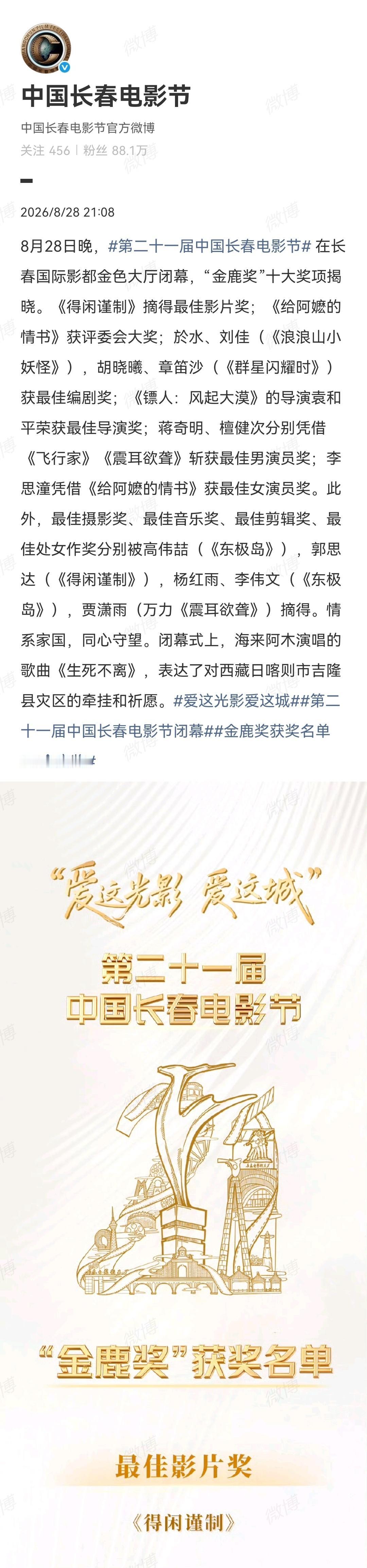 8月28日，肖战主演的电影《得闲谨制》获得长春电影节金鹿奖最佳影片奖[机智]