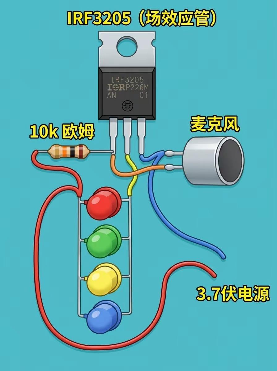 声音感应LED灯电路，用IRF3205场效应管+麦克风，检测到声音，彩灯就会点亮