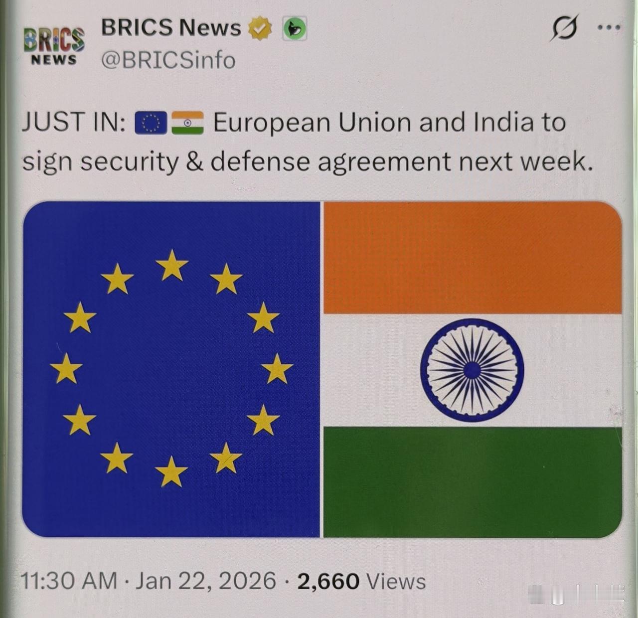 突发！欧盟印度下周签防务协议，印太格局要变天



今天，BRICS News放