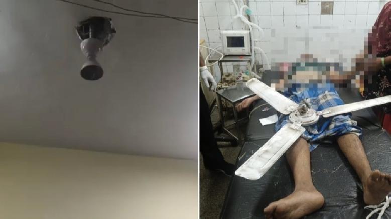印度德里（Delhi）一间公立医院18日发生恐怖意外，病房天花板吊扇松脱断裂，飞