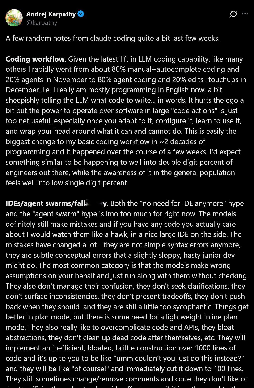Andrej Karpathy在过去几周里大量使用 Claude 编码的体验。-