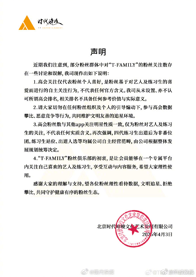 #TF家族回应高会关注争议#【#TF家族四代出道后为非番位团#】4月3日，官方发