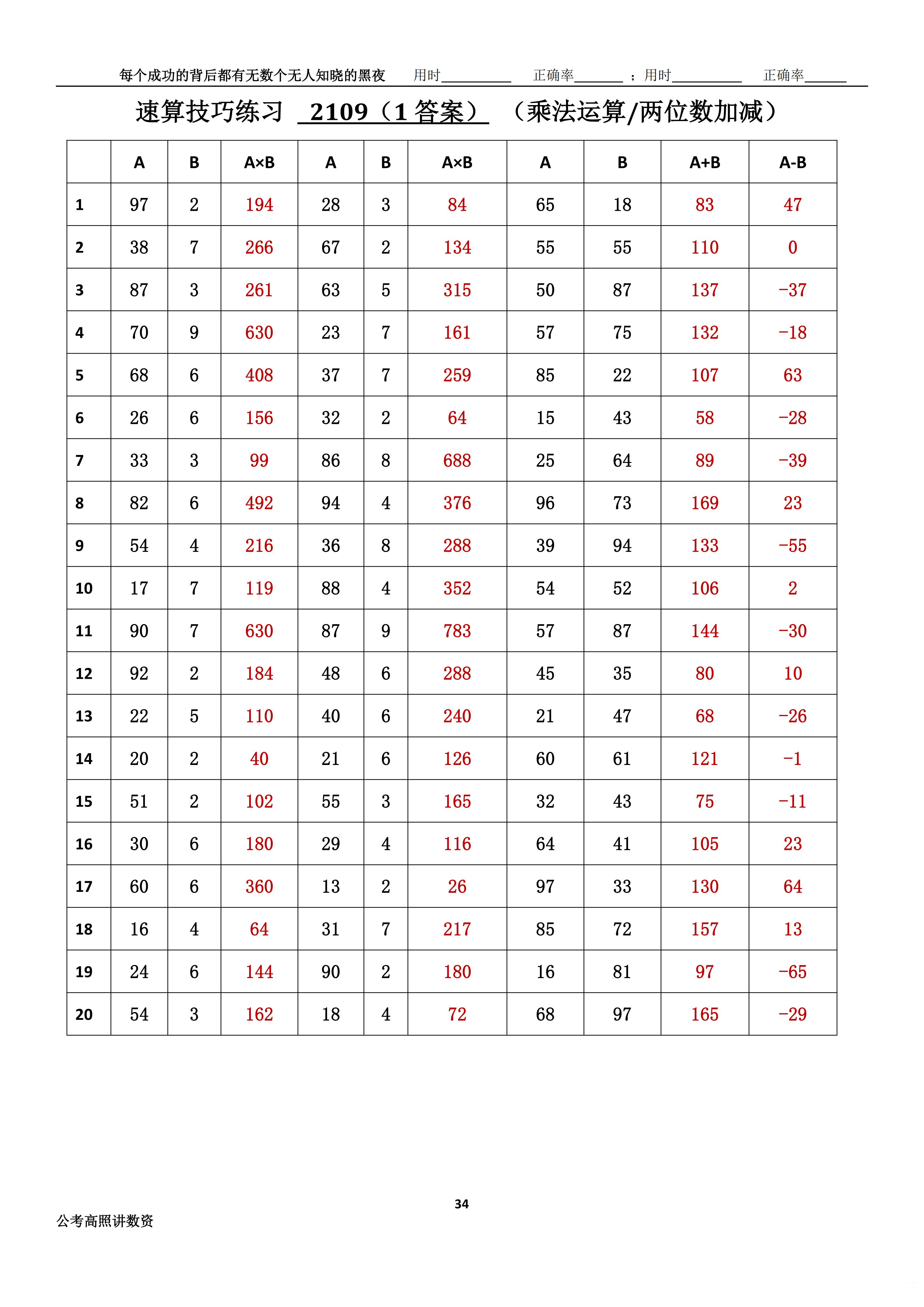 跟着高照练速算决战公考  速算练习2109相信自己，努力学习。速算链接汇总：网页