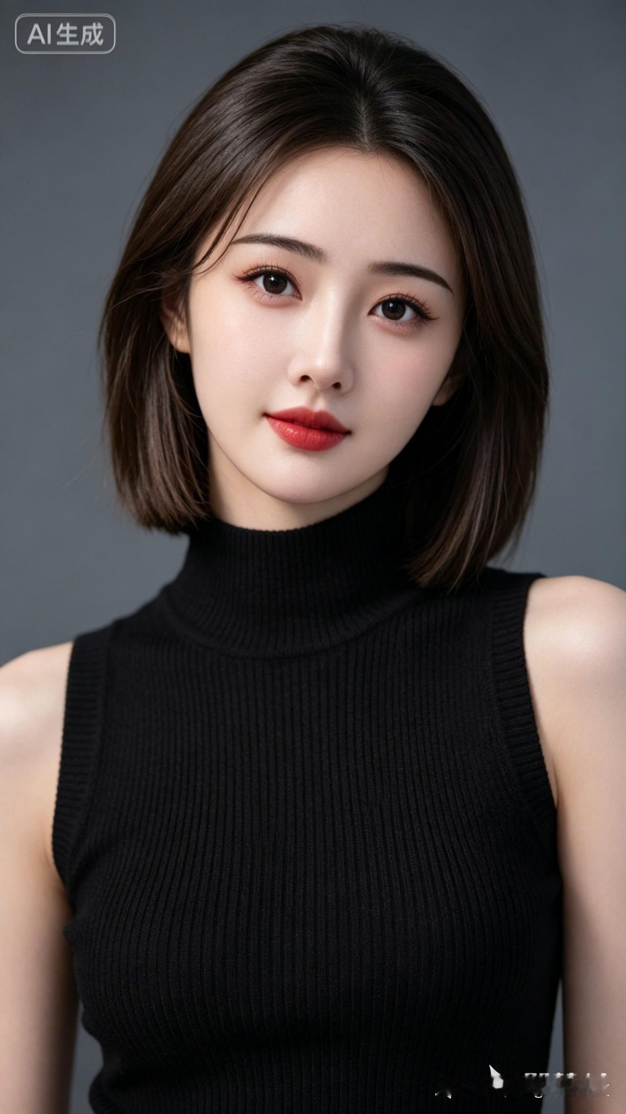 女穿着黑色高领毛衣，妆容精致。做你老婆怎么样。