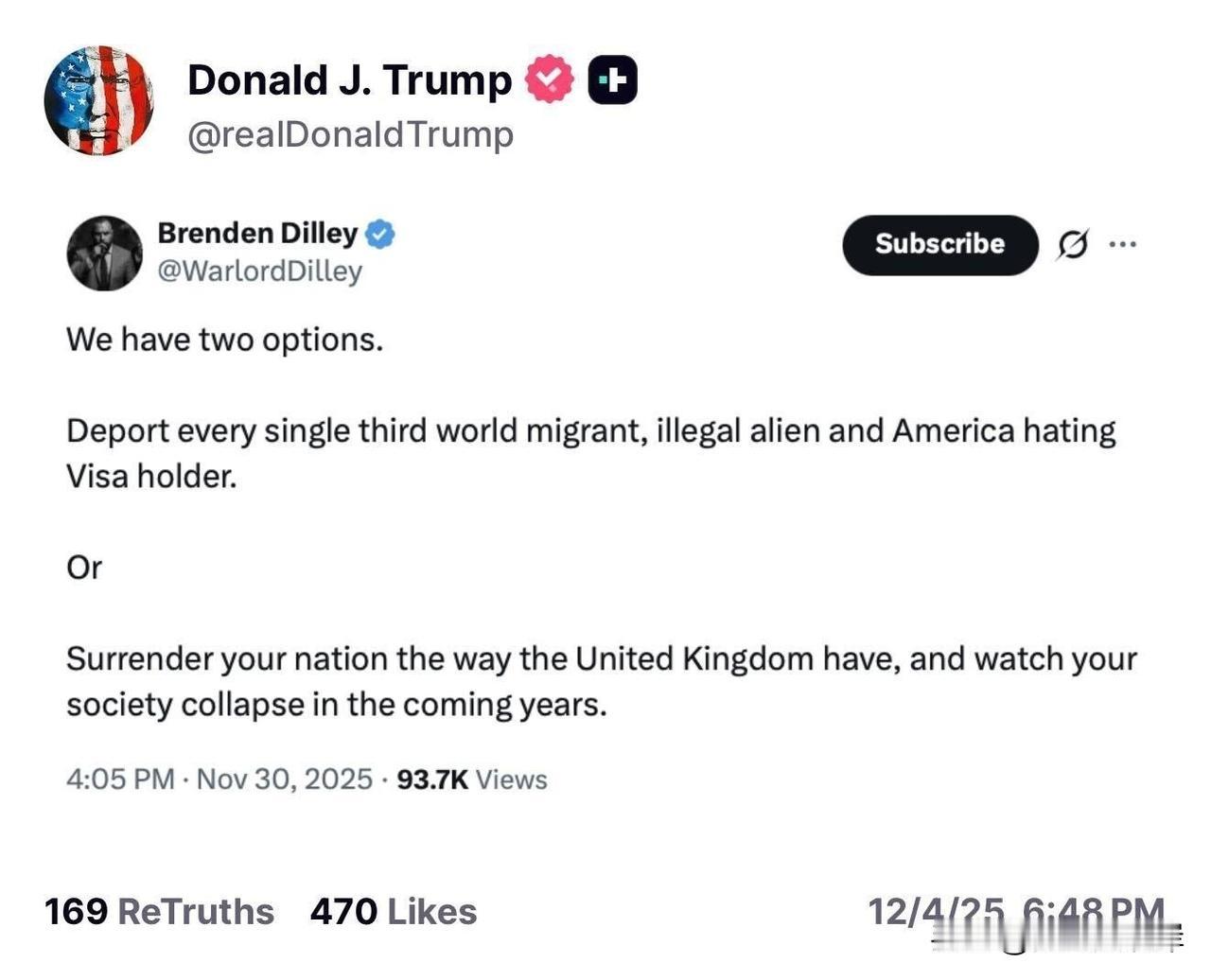 川普转发网友的贴文，给网友两个关于处理非法移民的选项。
“我们有两个选择：  