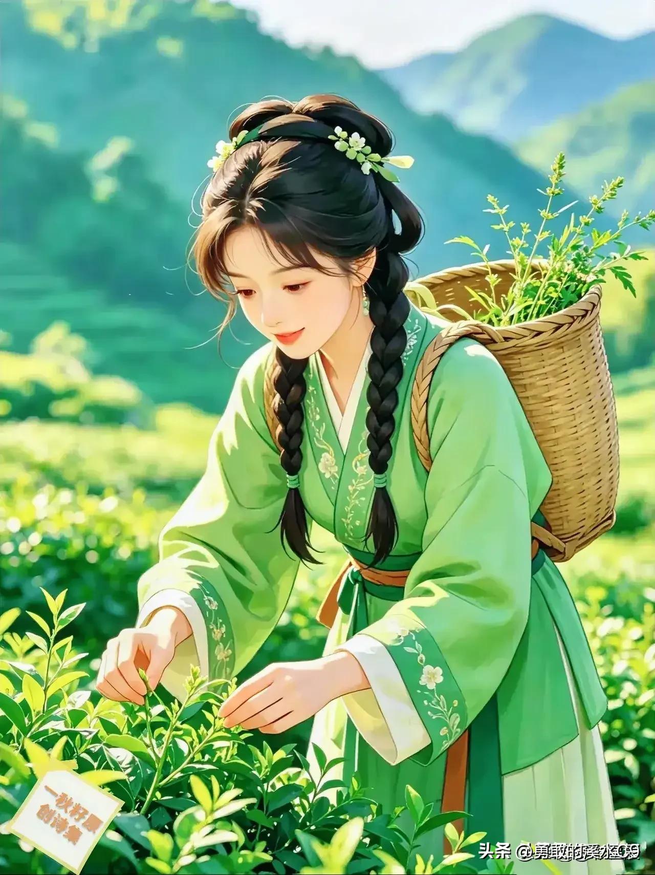绿意盎然的茶园里，采茶少女仿若古风画卷中的仙子。如安徽芜湖的茶园，漫山新绿，风拂