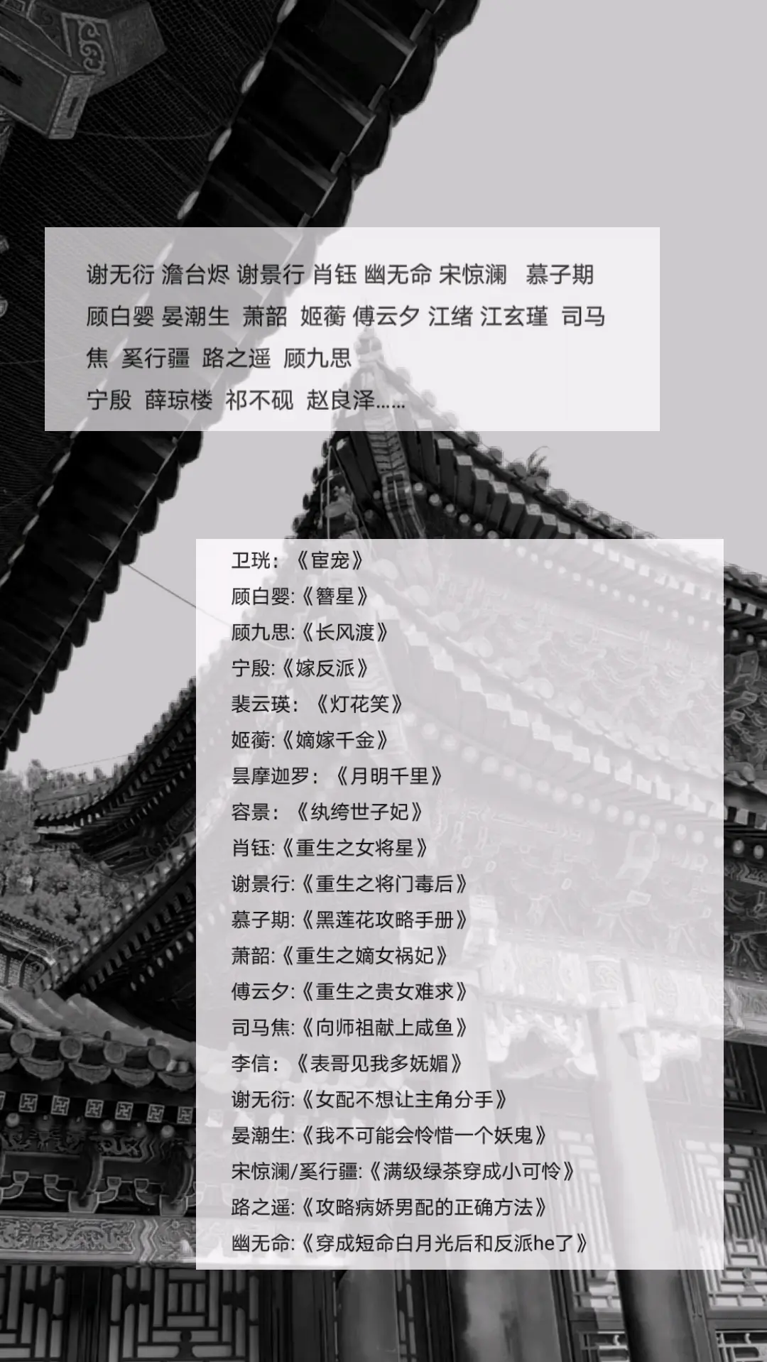 谢无衍 澹台烬 谢景行 肖钰 幽无命 宋惊澜   慕子期 顾白婴 晏潮...