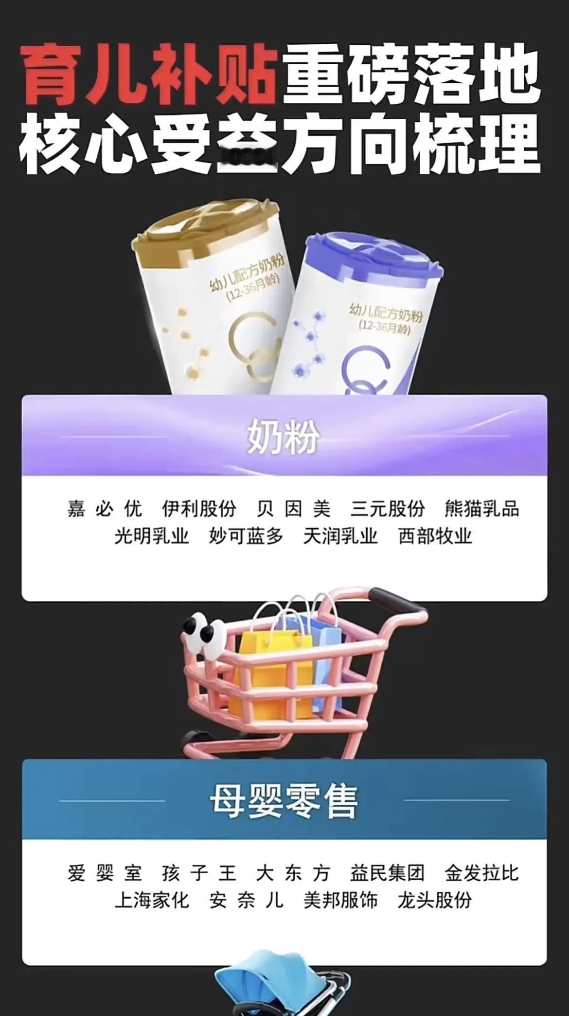 1. 核心受益方向及企业分类

(1) 奶粉与母婴零售

- 产品：幼儿配方奶粉