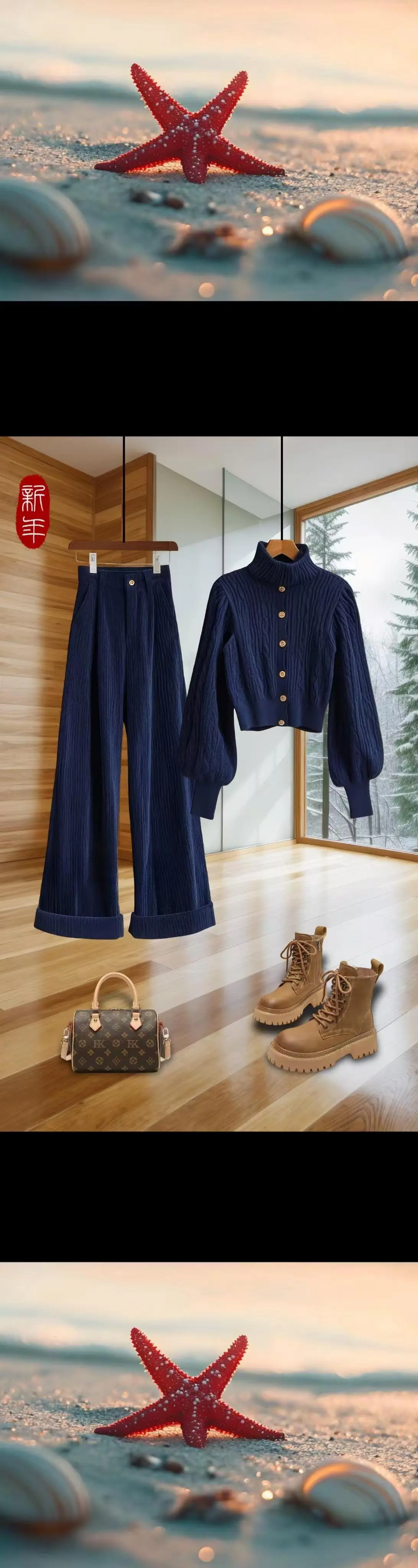 宝子们，这套搭配简直是冬日显瘦神来之笔！藏蓝色高领毛衣，触感如云朵般软...