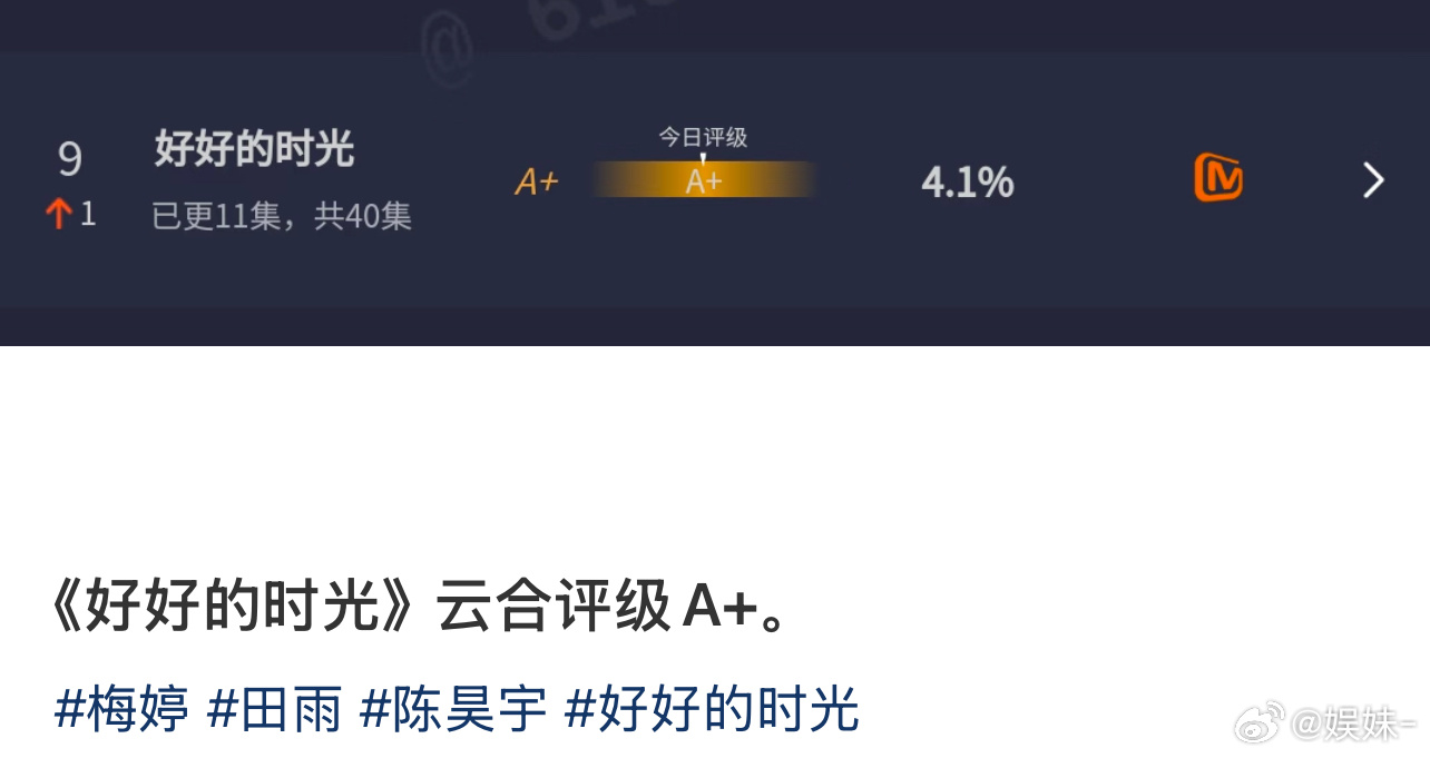 好时光真是被芒果耽误了，央视史亚的剧在芒果连固屏和专栏都没有，yx也赶不上别的剧