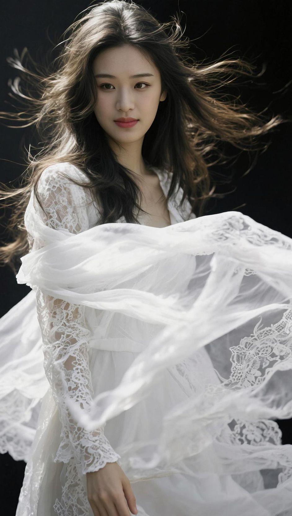 在静谧的夜晚，一袭白纱如梦似幻，仿佛月光化作实体，轻柔地披在肩头。风轻轻吹过，纱