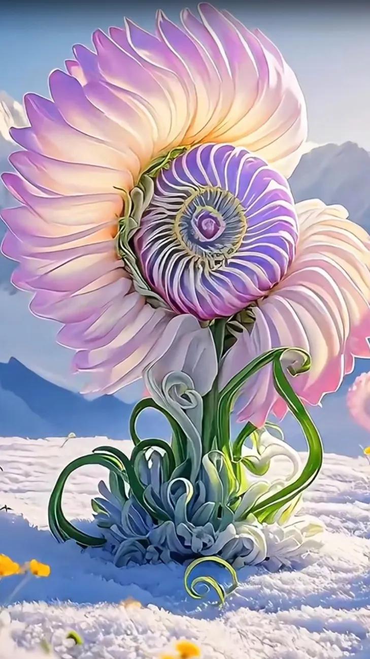 梦幻绽放的奇异之花，绽放在雪地之上，宛如童话世界。花朵跳舞奇观 绚烂花朵来袭