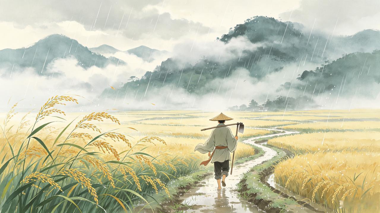 写首诗吧。古体没韵。
《荷锄行》
云从远山来
雨落阡陌间
稻色黄间翠
悠悠荷锄行