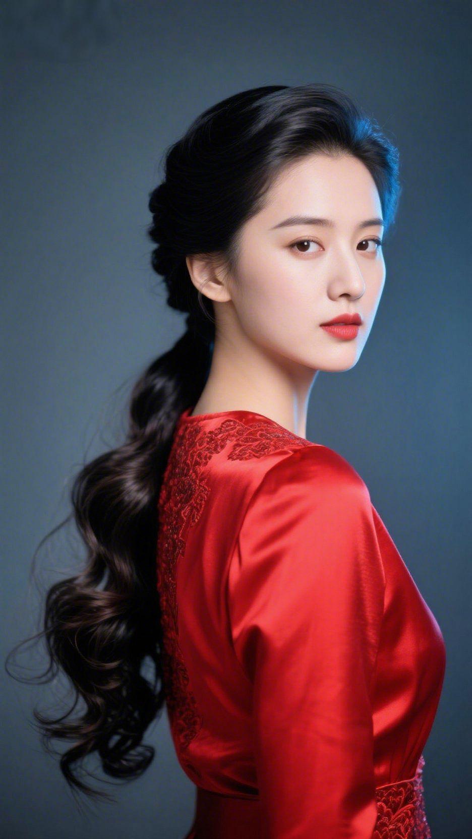 红绸映清颜
 
墨色的发绾成温柔的弧度，垂落的卷发似揉碎的夜，与一身红绸相映，撞