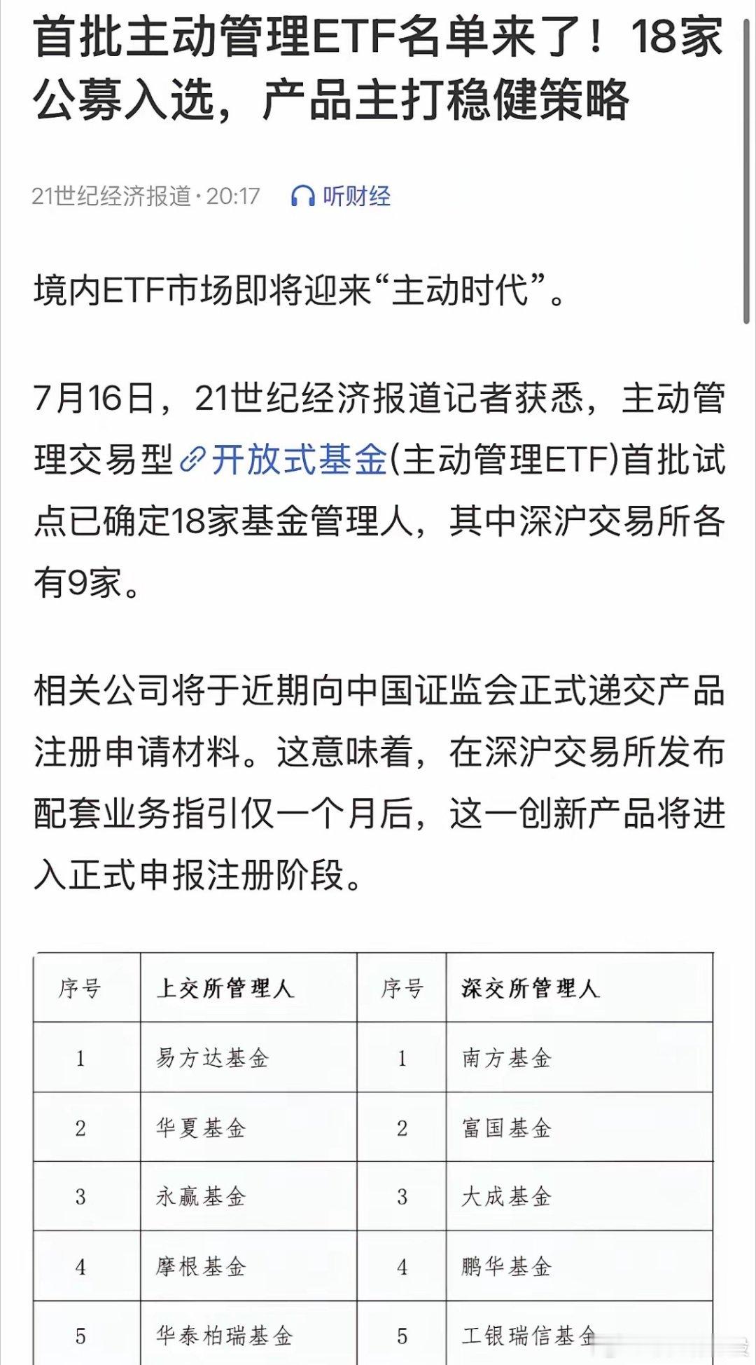 重磅利好消息万亿美元主动ETF来救市，首批18 家 基金至少360亿元A股要稳了