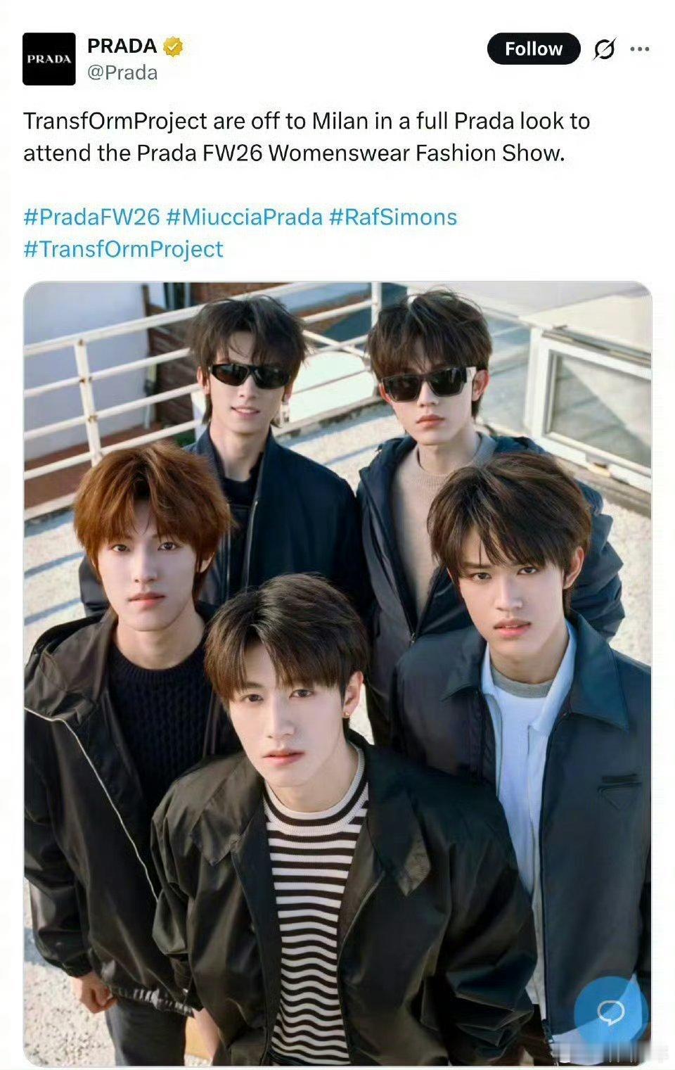 Prada认领登陆少年米兰大秀Prada再度官方认领TOP登陆少年米兰大秀，朱志