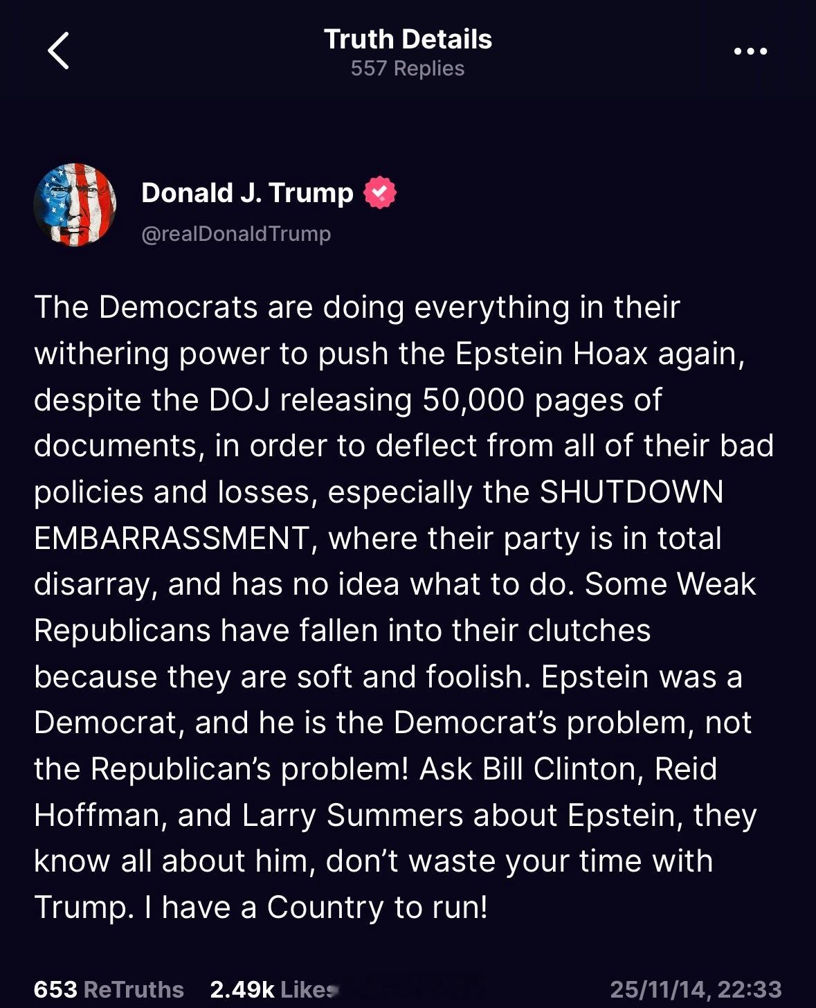 特朗普回应这两天公布的爱泼斯坦文件，建议媒体去问克林顿等人，“我有国家要治理”“