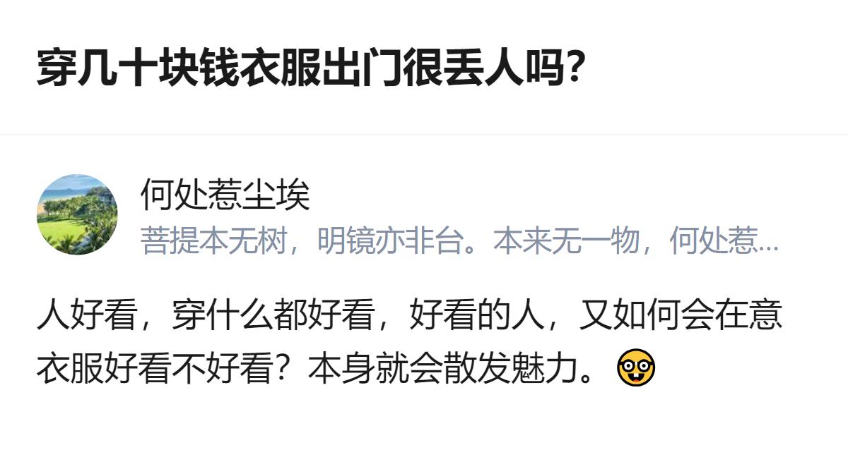 穿几十块钱的衣服出门不丢人，哪怕是上班也没问题，因为本身有魅力的人，不会被衣服的