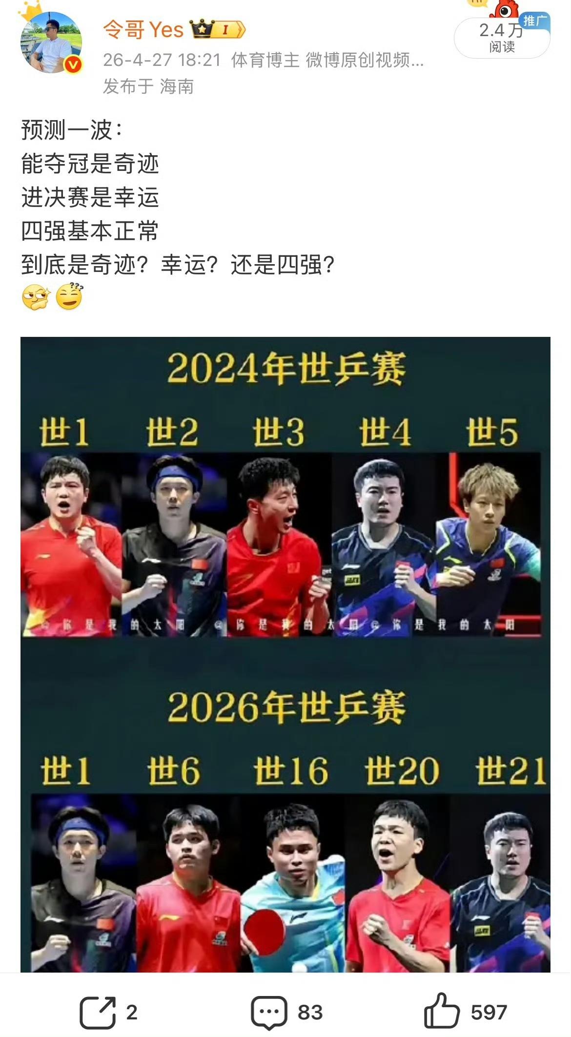 国乒男团进四强，我一点不意外
 
说真的，看到国乒男团进四强，我一点都不意外。