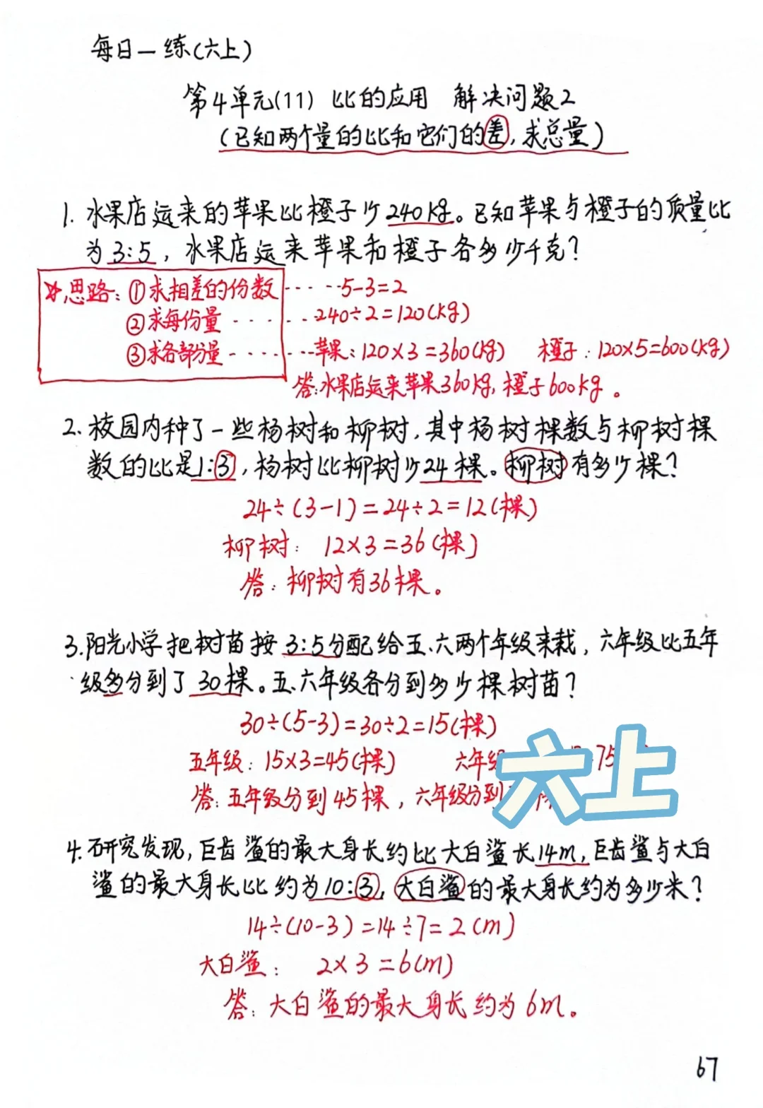 六上每日一练67，比的应用！