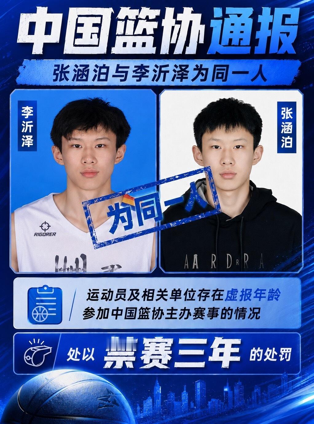 6月10日讯 中国篮球协会今日发布通报，经调查认定，运动员张涵泊与李沂泽为同一人