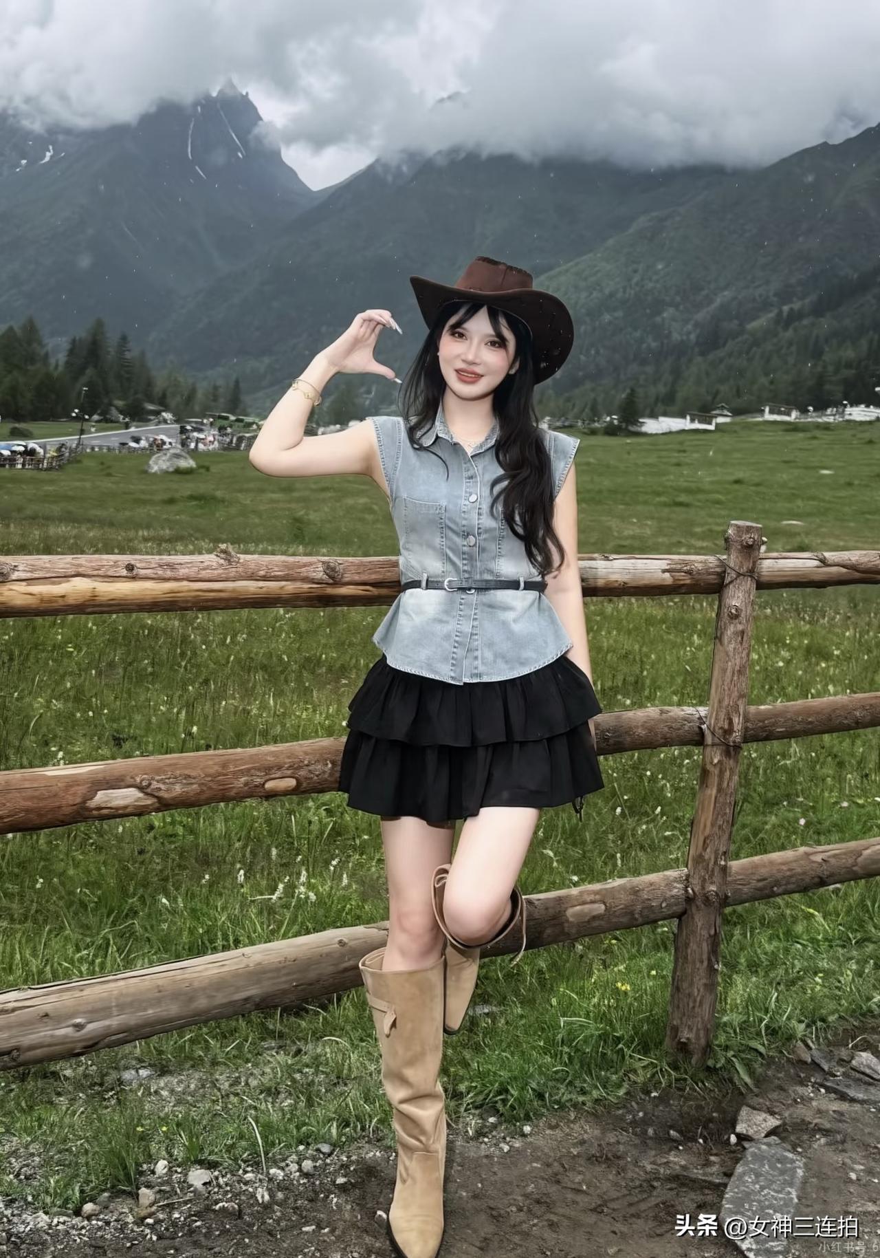 在山野间，牛仔风穿搭与自然景色完美融合，尽显自由与活力！🌿👒👠