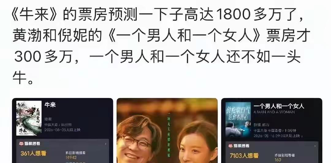 谁能想到百亿影帝黄渤居然干不过《牛来》了
黄渤倪妮主演的《一个男人和一个女人》，