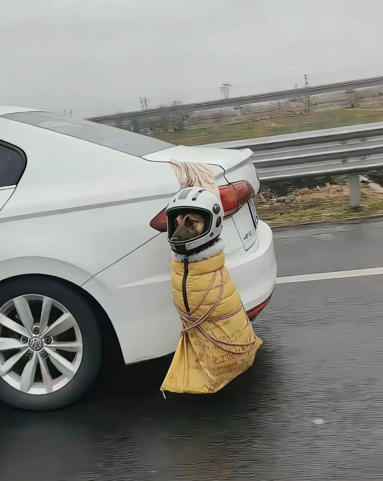 这是什么操作？
戴头盔、穿黄衣被绑在汽车后备箱，
是狗坚强吗？这也太安全了！
萌