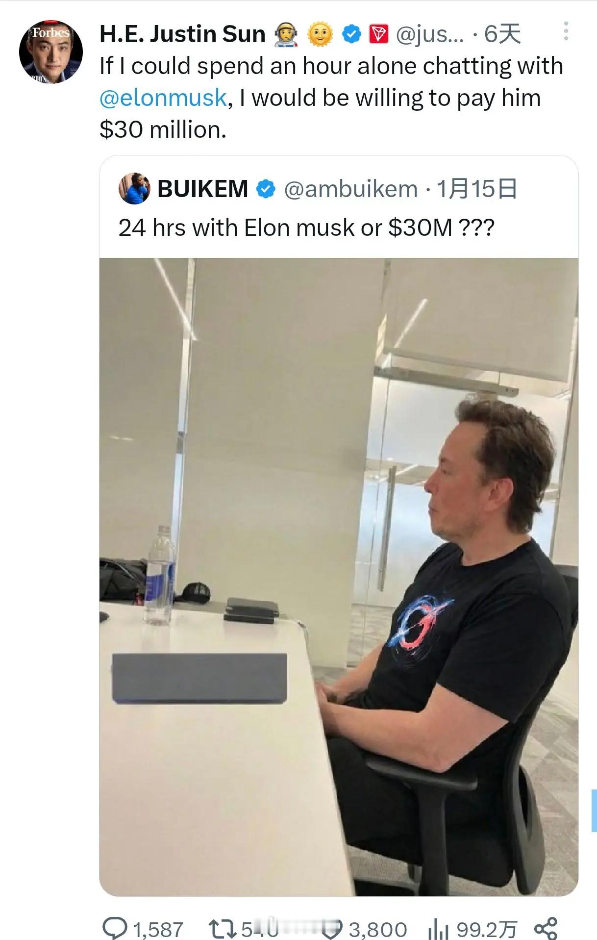 曾经买下巴菲特午餐的孙宇晨，准备用6倍💰买下马斯克一小时！ 