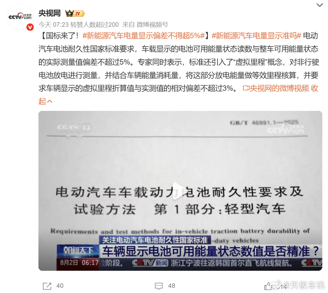 新能源汽车电量显示偏差不得超5% 2026 年 7 月 1 日正式落地实施的 G